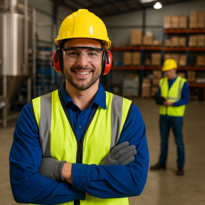 Travailleur portant des équipements de sécurité au travail dans un entrepôt industriel – casque, gants, lunettes de protection et gilet haute visibilité, illustrant les bonnes pratiques de prévention des risques professionnels.