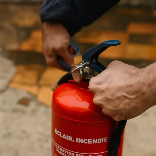 Geste de sécurité lors d’une manipulation d’extincteur en formation incendie