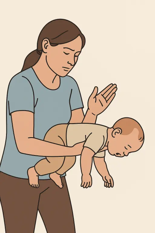 Illustration pédagogique : sauveteuse administrant des claques dorsales à un nourrisson en position déclive pour désobstruer les voies aériennes (protocole ERC 2021).