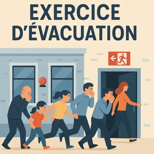 Exercice d’évacuation d’un bâtiment avec sortie de secours signalée