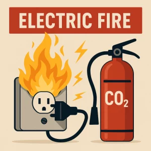 Feu électrique sur une prise murale avec flammes et extincteur CO₂ pour l’éteindre.