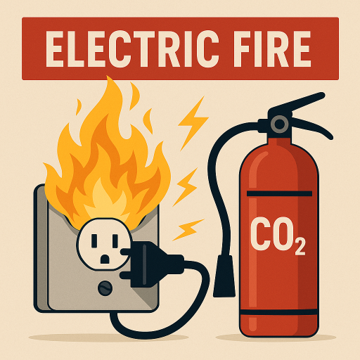 Feu électrique sur une prise murale avec flammes et extincteur CO₂ pour l’éteindre.