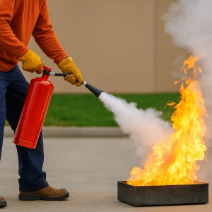 Formation extincteur : manipulation d’un extincteur sur bac à feu lors d’un exercice pratique