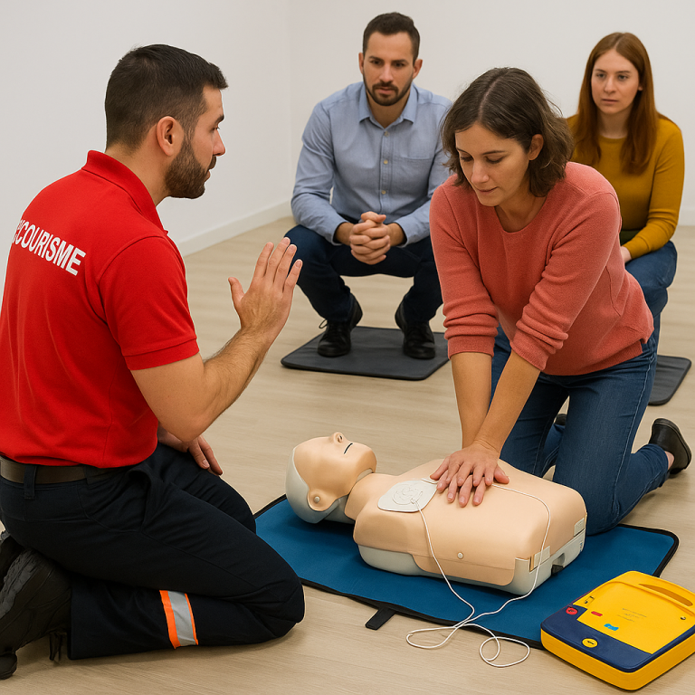 Initiation secourisme Biarritz – apprentissage du massage cardiaque et utilisation d’un défibrillateur.