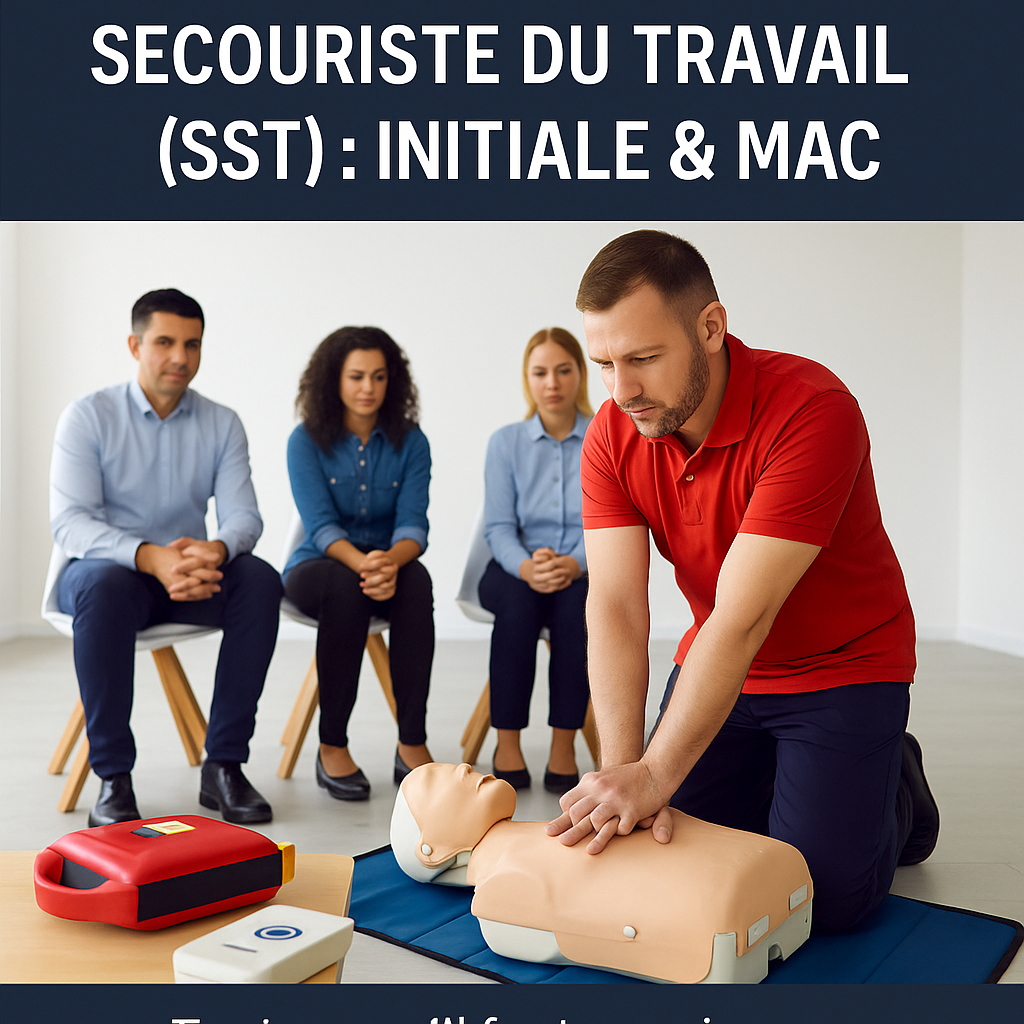 Formation Sauveteur Secouriste du Travail (SST) initiale et MAC : démonstration de réanimation cardio-pulmonaire sur mannequin avec défibrillateur.