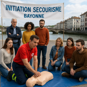 Formation d’initiation au secourisme à Bayonne avec démonstration de massage cardiaque par un formateur SST sur mannequin, organisée par B.F PAYS BASQUE.