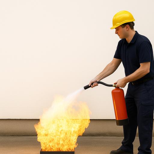 Formateur en sécurité incendie démontrant l’utilisation d’un extincteur sur feu réel simulé lors d’une formation en Aquitaine, organisée par B.F PAYS BASQUE.