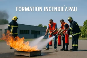 Formation incendie à Pau avec manipulation d’extincteurs sur feu réel
