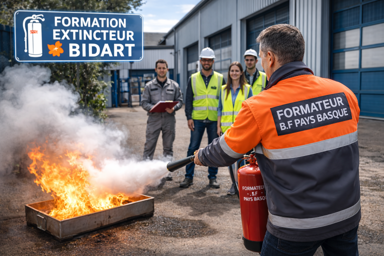 Formation extincteur Bidart – formateur B.F Pays Basque lors d’un exercice d’extinction de feu en entreprise