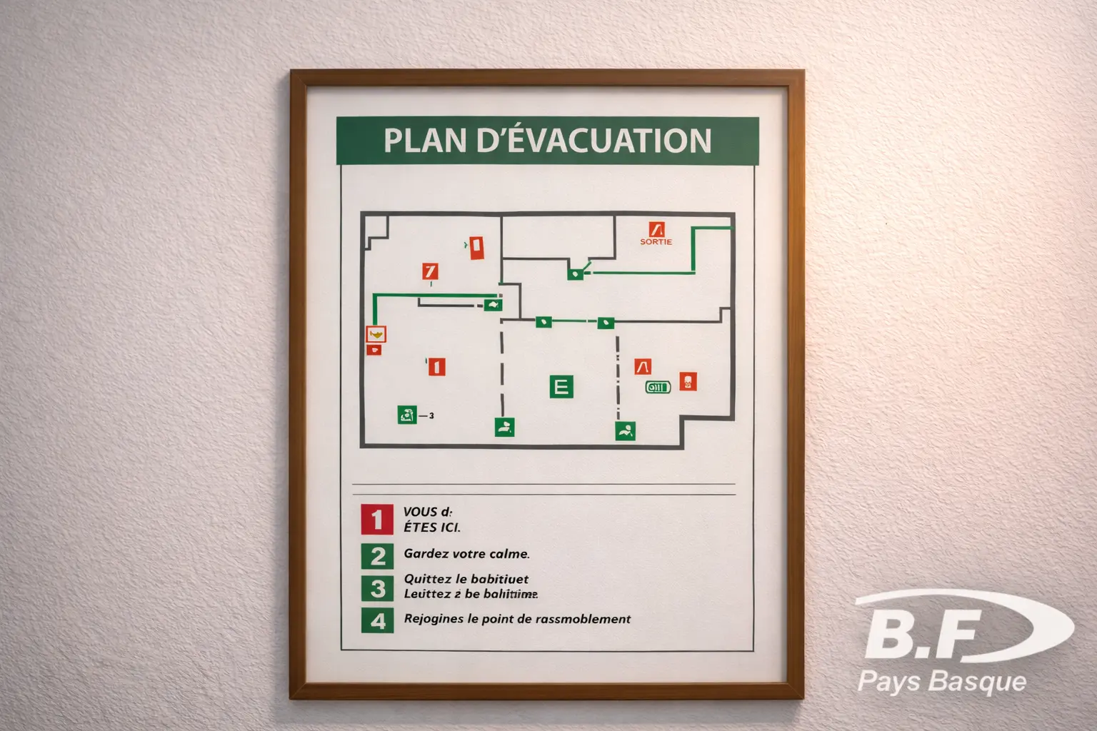 Plan d’évacuation incendie affiché dans un bâtiment