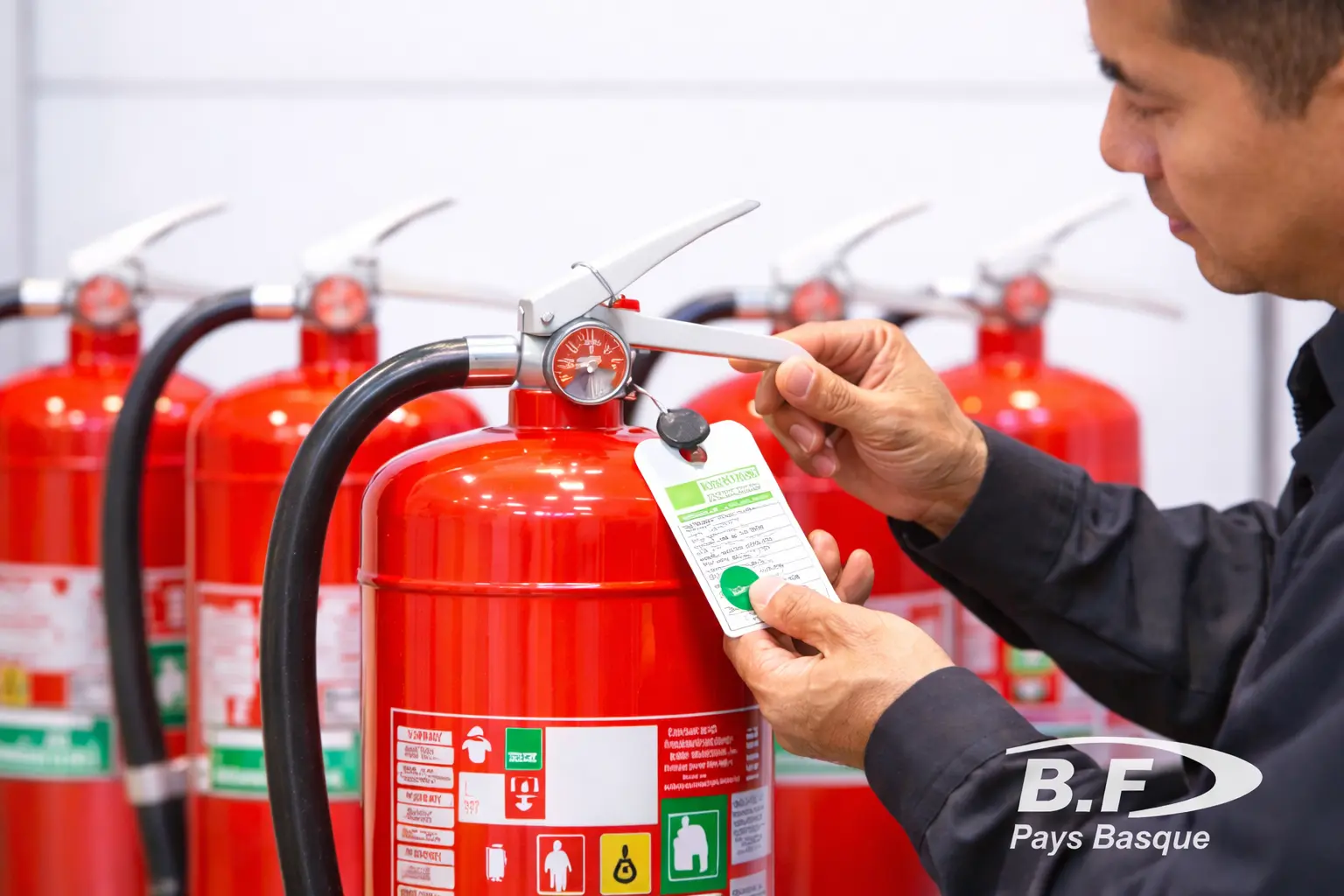 Technicien contrôlant un extincteur lors d’une maintenance incendie