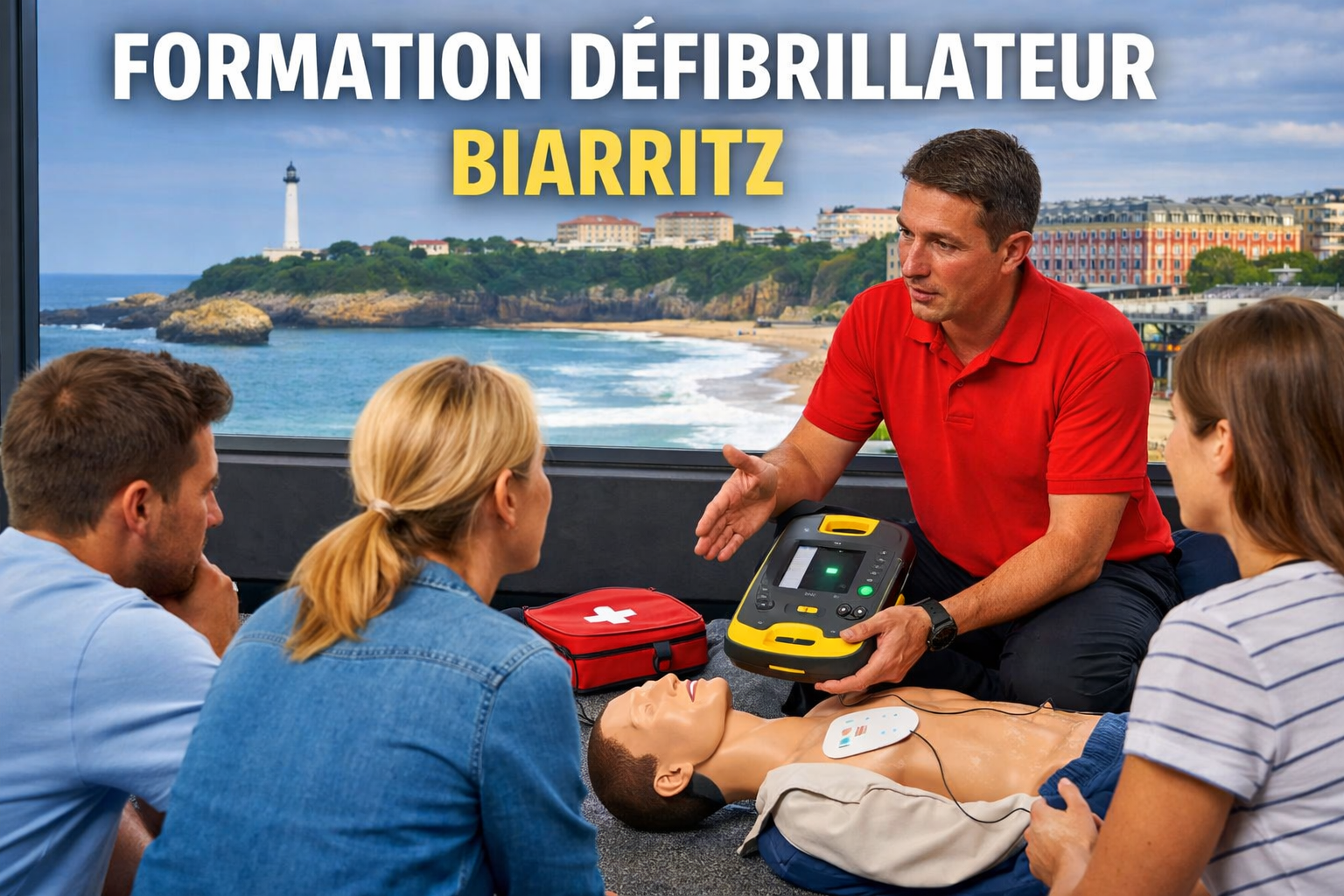Formation défibrillateur Biarritz avec utilisation d’un DAE en situation réelle par des participants en entreprise